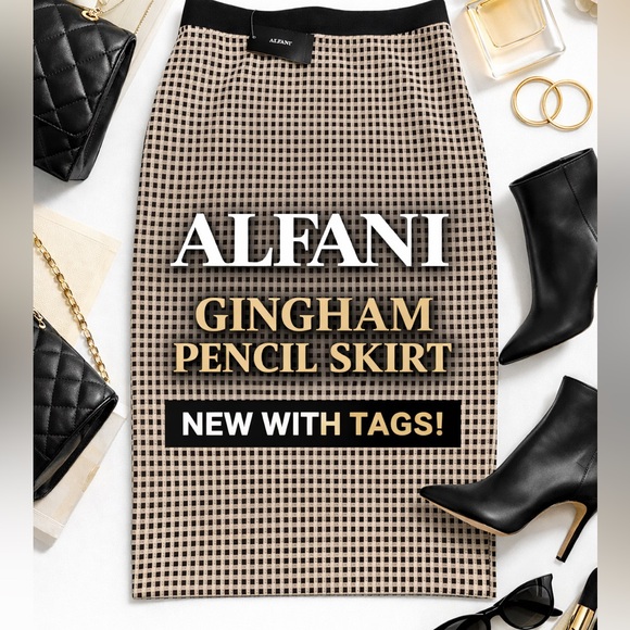 Alfani Dresses & Skirts - Alfani Gingham Pencil Skirt Tan Black Size Small NWT Classic Workwear Chic